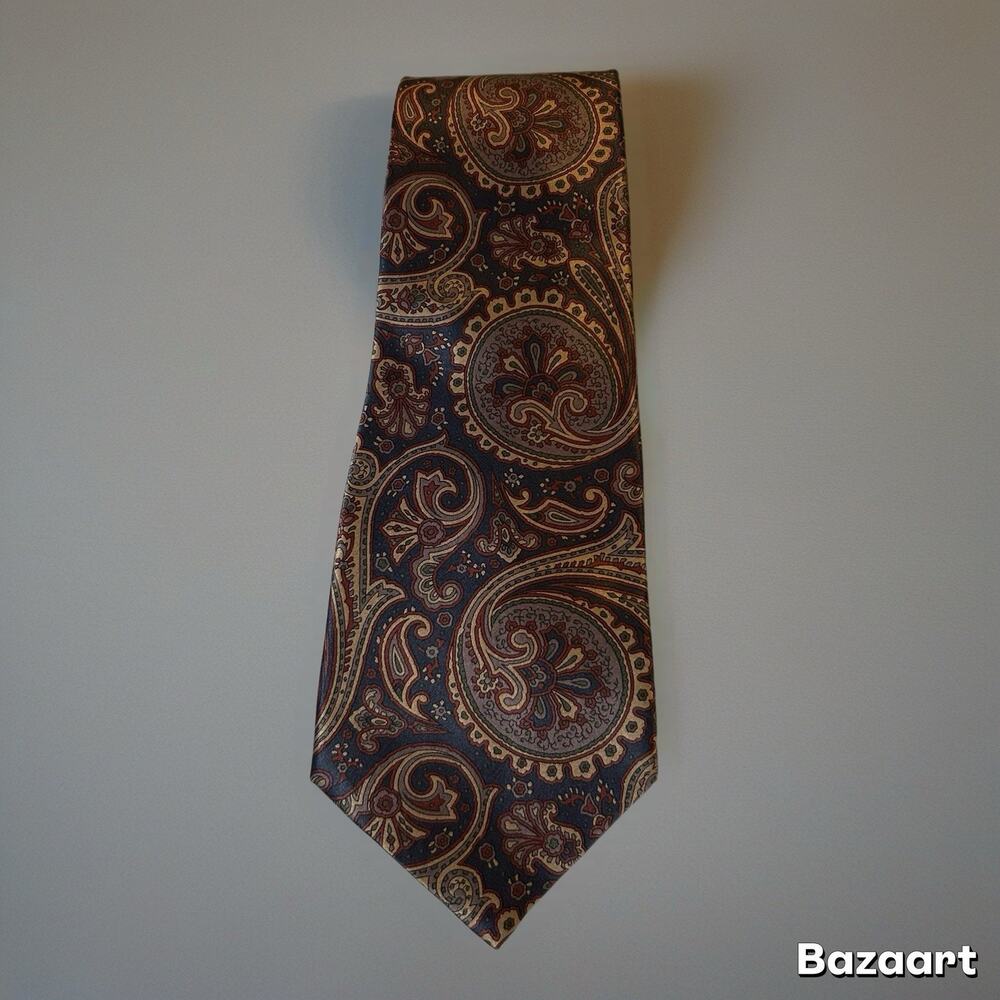 London Fog Mens Classic Silk Necktie Navy Maroon Tan Paisley Made in USA